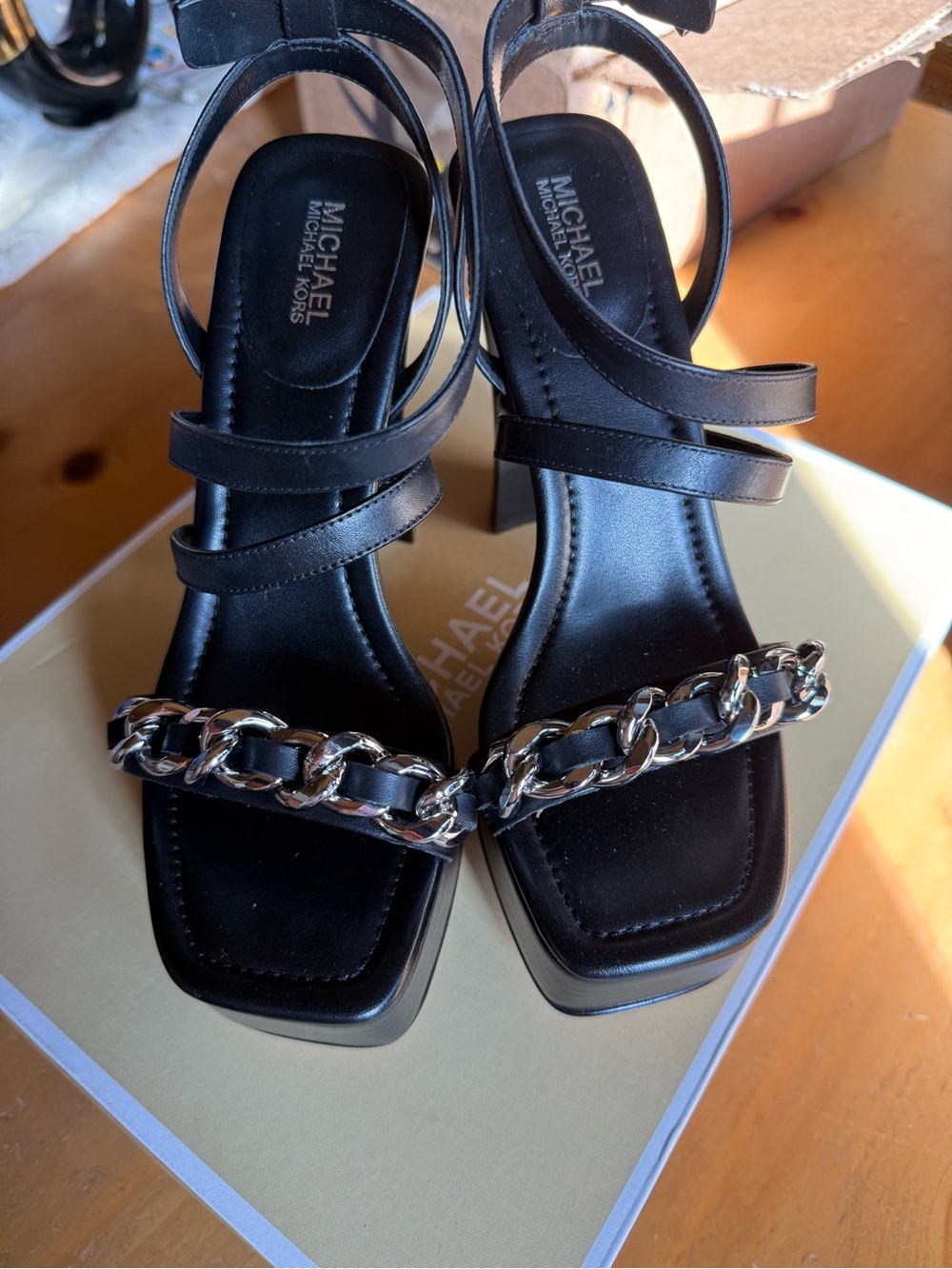 Michael Kors Black Leather Chain-Trim Block Heel Sandals